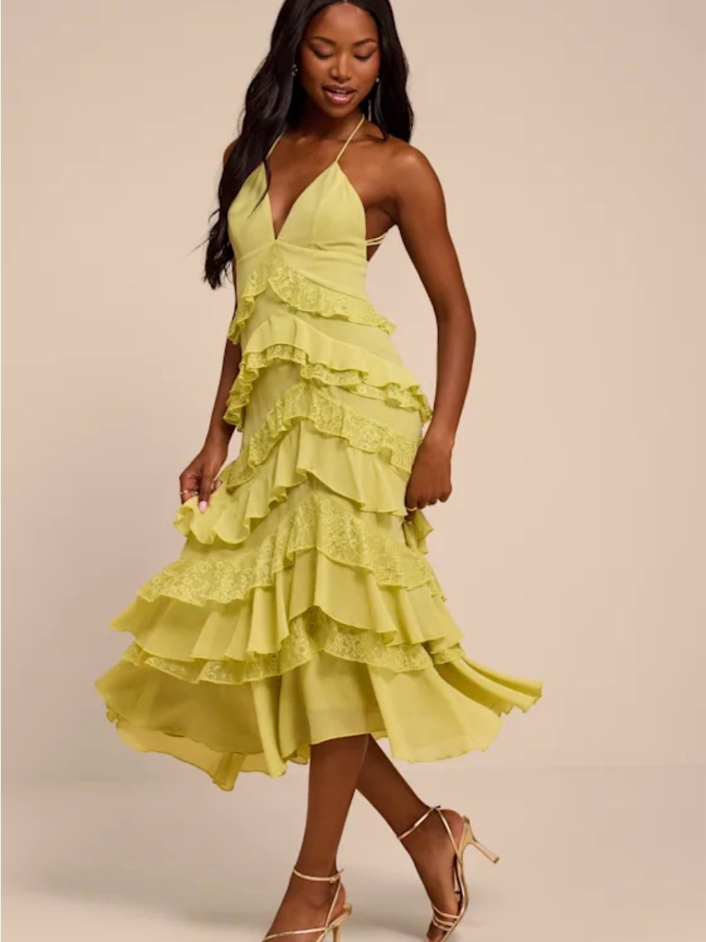 Lulus - NEW- “Melena Chartreuse Ruffled Lace Midi Dress Green” - Size L - Picture 4 of 5